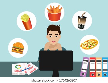 Man working at desk in office, thinking about foods with hungry. Vector Illustration. 