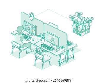 Man working at a desk in an open space office while a delivery drone approaches. Concept of smart logistics, remote work, and modern technology integration. Isometric outline vector illustration.