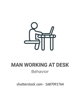 Hombre trabajando en el icono de vector de contorno de escritorio. Hombre negro de línea delgada trabajando en el icono de escritorio, vector plano ilustración de elemento simple del concepto de comportamiento editable trazo aislado en fondo blanco