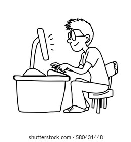 man working at desk with personal computer - illustration vector doodle hand drawn, isolated on white background