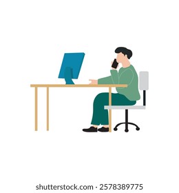 Man working at a desk, talking on a phone