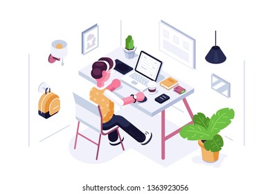 Man working at desk vector illustration. Boy sitting at workplace creating new project. Worker typing on laptop and drinking coffee. Cabinet interior flat style concept