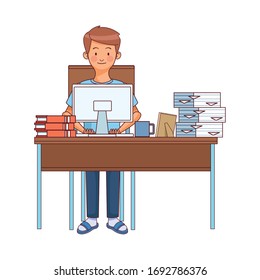 man working with desktop in desk and pile documents vector illustration design