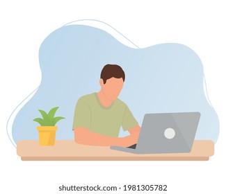 Man is working  at the desktop with a laptop. Freelance, online education, web surfing or office worker. Vector illustration in cartoon style