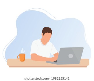 El hombre está trabajando en el escritorio con una laptop. Freelance, educación en línea, surf en la web o trabajador de oficina. Ilustración vectorial en estilo de caricatura