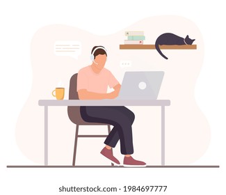 Man is working  at the desktop with a laptop and headphones with microphone at home. Concept illustration for support, assistance, call center. Vector illustration in cartoon style