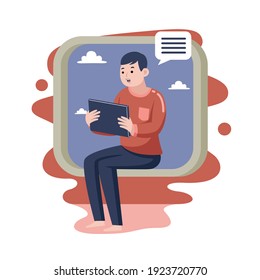 Man Working with Digital Tablet at Home. Vector Illustration with Flat Design.