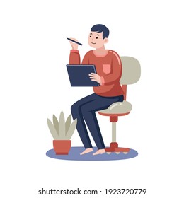 Man Working with Digital Tablet at Home. Vector Illustration with Flat Design.