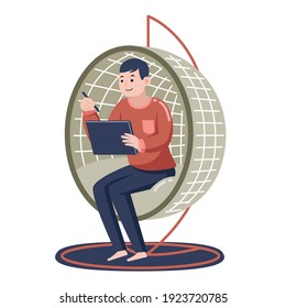 Man Working with Digital Tablet at Home. Vector Illustration with Flat Design.