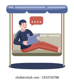 Man Working with Digital Tablet at Home. Vector Illustration with Flat Design.