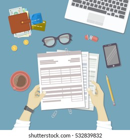 Man working with documents. Human hands hold the accounts, bills, tax form. Workplace with papers, blanks, forms, phone, wallet with money, credit cards, glasses, coins, leptop coffee. Top view Vector