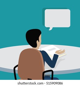 Man working with documents in office. Man in blue sweater sitting at the table with empty dialog window. Isolated object in flat design on white background. Vector illustration