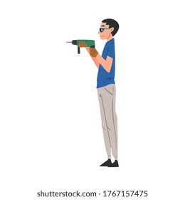 Man Working with Drill, Home Renovation, Male Construction Worker Character with Professional Equipment Vector Illustration on White Background