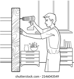 Man working with drill at home, vector outline illustration for coloring, isolated on white background