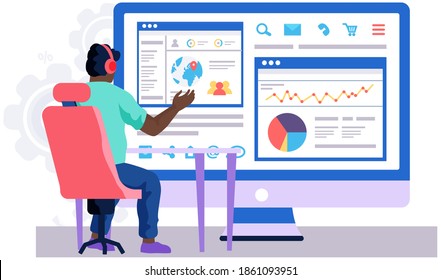 El hombre está trabajando con datos económicos y estadísticas de negocios. El tipo con auriculares está viendo video. El personaje masculino está mirando el monitor. Pantalla con gráficos y gráficos de datos en segundo plano