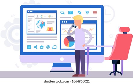 Man is working with economic data and business statistics. Guy is talking on the phone, watching presentation. Male is looking at the monitor. Screen with graphs and data charts in the background