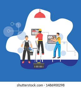 Man working in electrical installation job. Concept for electrical engineering, Flat style vector illustration, suitable for wallpaper, banner, book illustration, card