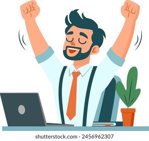 The man in the working environment who rejoices at the achieved success. The man is sitting at the table, hands up, fists clenched, and the face expresses joy or success. 
