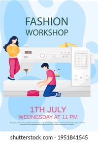 Man working with fabric, girl controls sewing machine tailoring. Fashion workshop concept poster