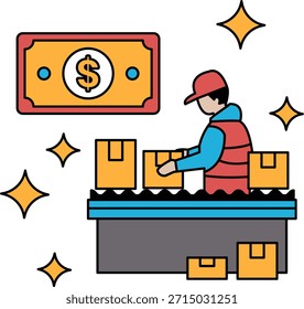 Un hombre está trabajando en una fábrica con cajas y una cuenta. Concepto de trabajo duro y el valor del dinero