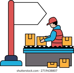 Un hombre está trabajando en una fábrica, rodeado de cajas. Concepto de trabajo duro y productividad