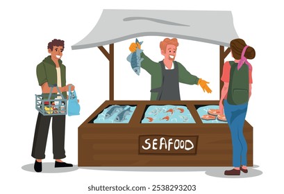 Un hombre que trabaja en la feria se para en el puesto de mariscos, sosteniendo pescado recién capturado en su mano enguantada, mostrando a los Clientes una captura brillante y abundante. Ilustración vectorial de Personas de dibujos animados.