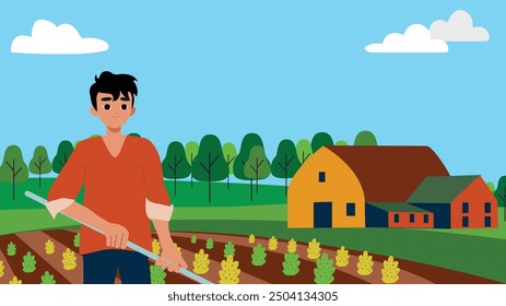 Man working in a farm field with a hoe, in front of a barn and farmhouse, under a clear sky.

