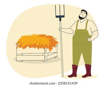 Man working with a farmer's fork in a haystack, to feed the animals. With overalls and boots. Character design. Vector flat illustration