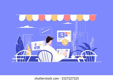 Man working in fashion cafe with tablet vector illustration. Businessman drinking coffee and typing something on modern gadget flat style concept. City landscape outside window