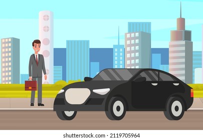 Man working in field of business stands with briefcase. Smiling businessman in suit with tie next to his personal transport. Male character in business suit, entrepreneur near expensive car