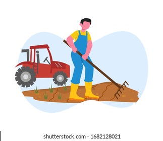Mann, der auf den Feldern arbeitet, um Gemüse mit Traktor auf Vektorillustration flache Design-Abbildung