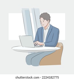 man working focus with his laptop in coffee table smiling enjoying