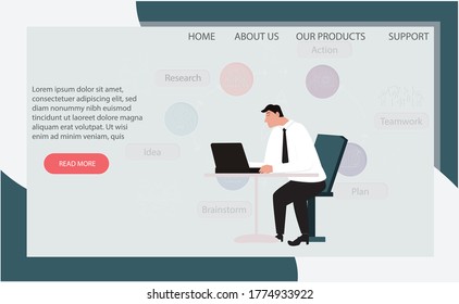  man working  in front of computer concept. Creative idea design. Flat vector illustration for template, brochure or presentation.