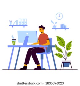 A man is working in front of a computer, office work, working at home. Vector illustration
