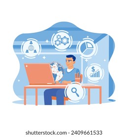 Man working in front of laptop with forex chart hologram. Developing digital software technology. Data processing. Concept Technology with Forex Graph Hologram. Trend Modern vector flat illustration