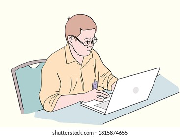 A man working in front of a laptop. Hand drawn illustration style