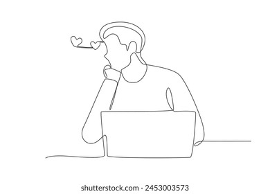 Man working in front of laptop thinking about his girlfriend. Love concept one-line drawing
