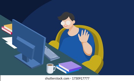 A man is working in front of a notebook desk in the room to keep away the social distance and prevent the spread of the Covid-19 virus.