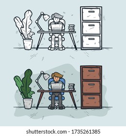 a man working in front of pc hand drawn engraved illustration