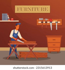 A man is working in a furniture shop with a sign that says furniture