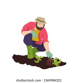 Man working in garden. Illustration for vegan farm food in flat design