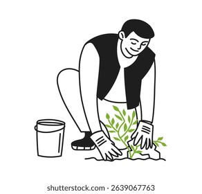 Man working in the garden, planting a plant, caring for plants. Caring for nature. Gardening, park. Ecology. Vector illustration doodle