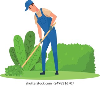 Man working in garden. Soil raking. Farm worker isolated on white background