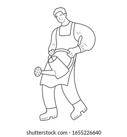 Man working in garden and watering with watering can, isolated doodle hand drawn illustration, vector sketch drawing, cute cartoon character, male having good time in garden. Line art