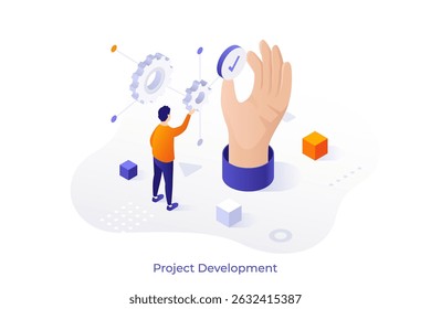 Homem trabalhando com engrenagens, símbolo do desenvolvimento de projetos e sucesso empresarial. Conceito de trabalho em equipe e processo criativo para a inovação. Ilustração de vetor isométrico.