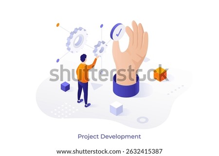 Man working with gears, symbol of project development and business success. Concept of teamwork and creative process for innovation. Isometric vector illustration.