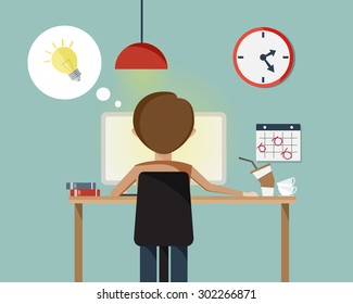 Man Working and Get Idea on Work Space Cartoon Vector Illustration