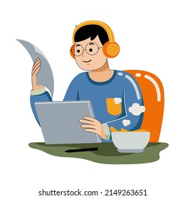 Man working with graphic tablet in flat design style