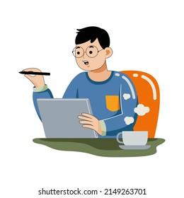 Man working with graphic tablet in flat design style