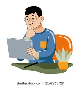 Man working with graphic tablet in flat design style